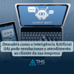 Imagem de conceito de um robô de inteligência artificial usando um computador para interagir com um cliente através de chat. A imagem representa a utilização de chatbots para melhorar a eficiência e personalização do atendimento ao cliente.