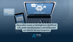 Imagem de conceito de um robô de inteligência artificial usando um computador para interagir com um cliente através de chat. A imagem representa a utilização de chatbots para melhorar a eficiência e personalização do atendimento ao cliente.